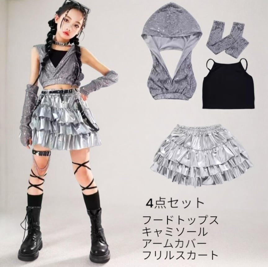 kpop×ストリート ラメグリッター セットアップ (フリルスカート× グレーラメ フードトップス)