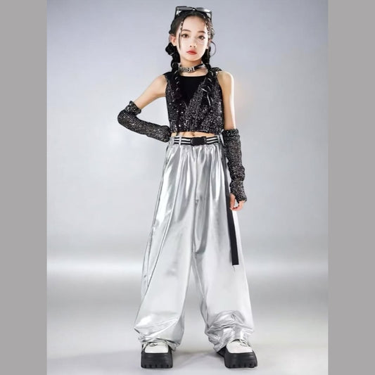 キッズダンス衣装kpop×ストリート ラメグリッター セットアップ (ワイドパンツ × ブラックラメ フードトップス)