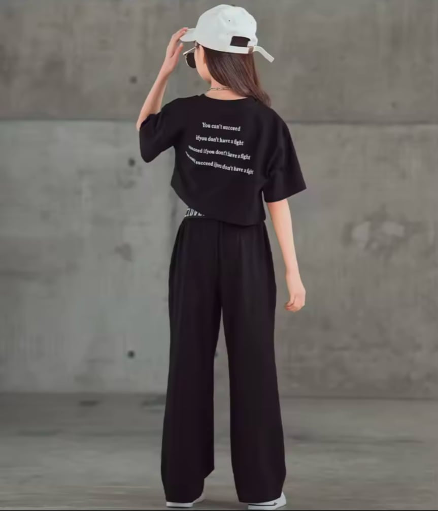 ショート丈シャツ×ワイドパンツ 上下セット ブラック