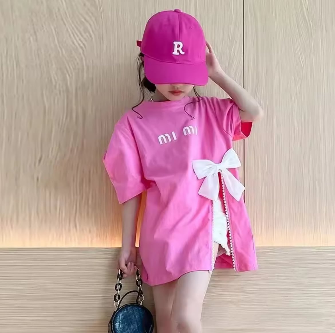 りぼん付き スリット ロングTシャツ