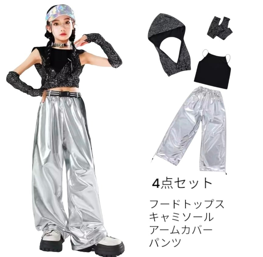 kpop×ストリート ラメグリッター セットアップ （ワイドパンツ × ブラックラメ フードトップス）