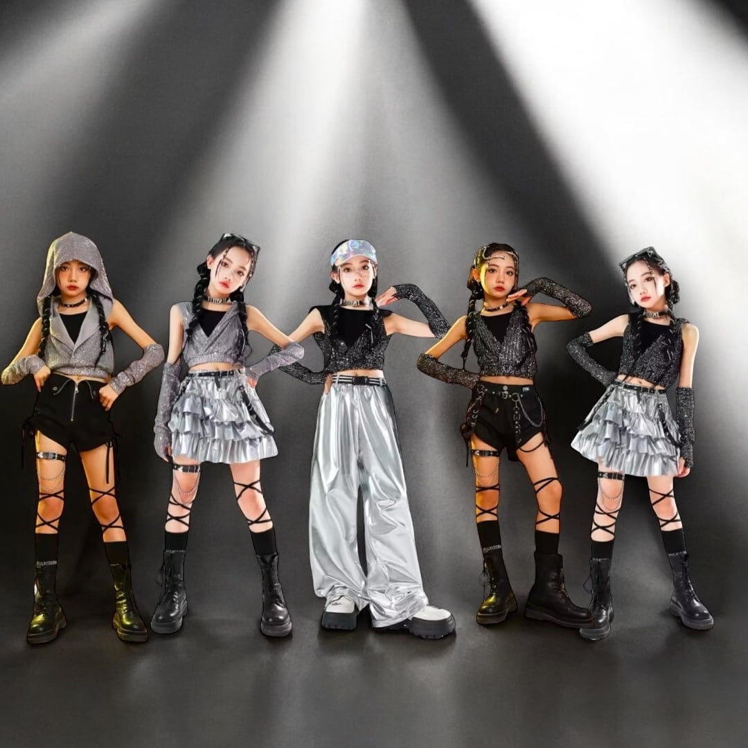 kpop×ストリート ラメグリッター セットアップ （フリルスカート× グレーラメ フードトップス）