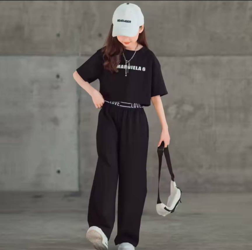 ショート丈シャツ×ワイドパンツ 上下セット ブラック