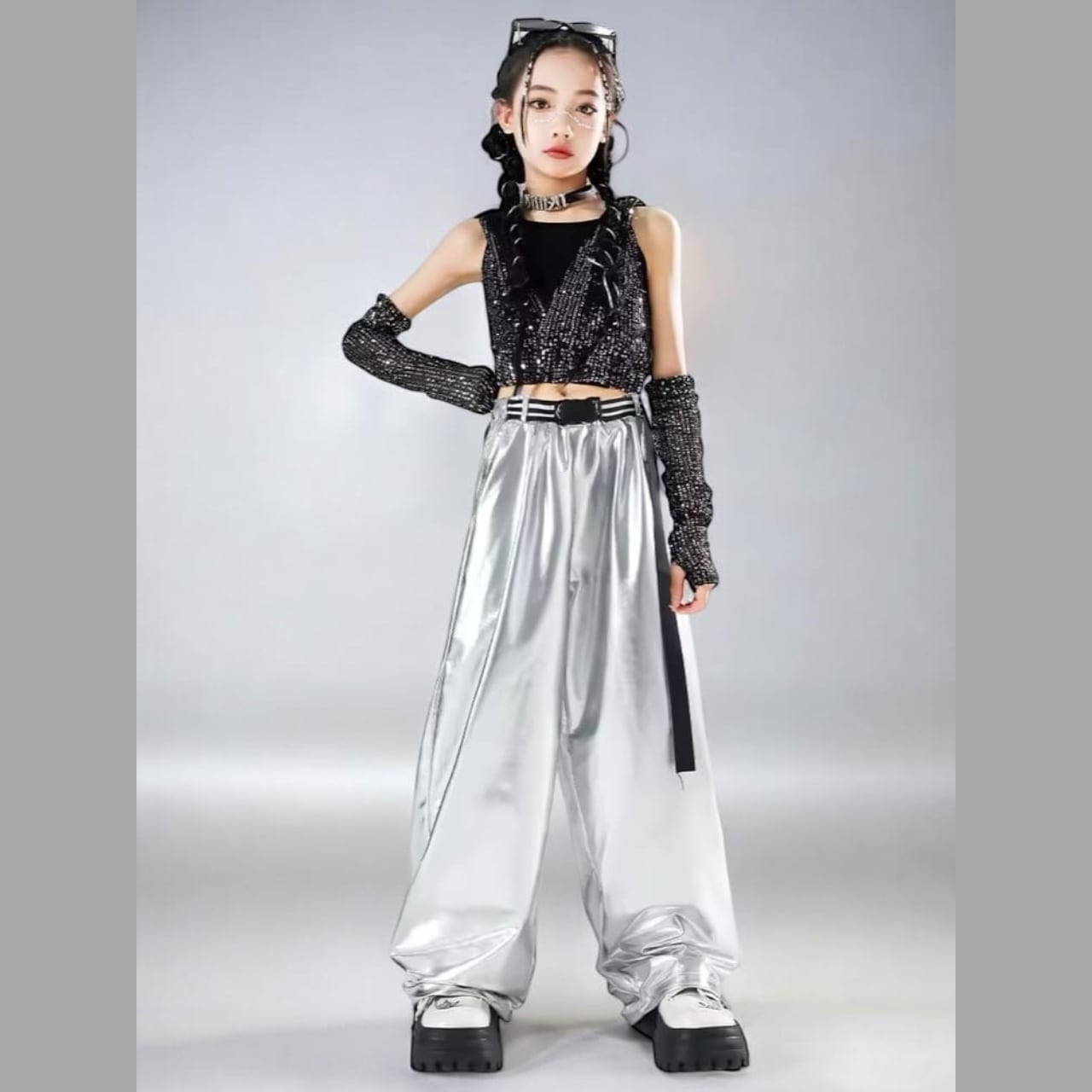 kpop×ストリート ラメグリッター セットアップ （ワイドパンツ × ブラックラメ フードトップス）