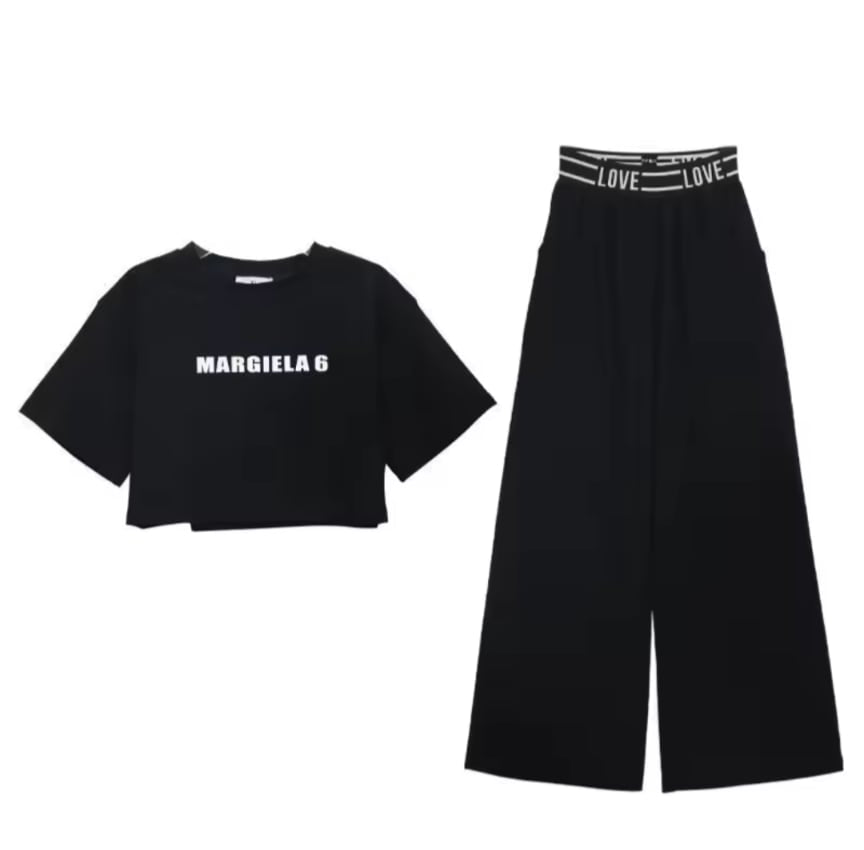 ショート丈シャツ×ワイドパンツ 上下セット ブラック