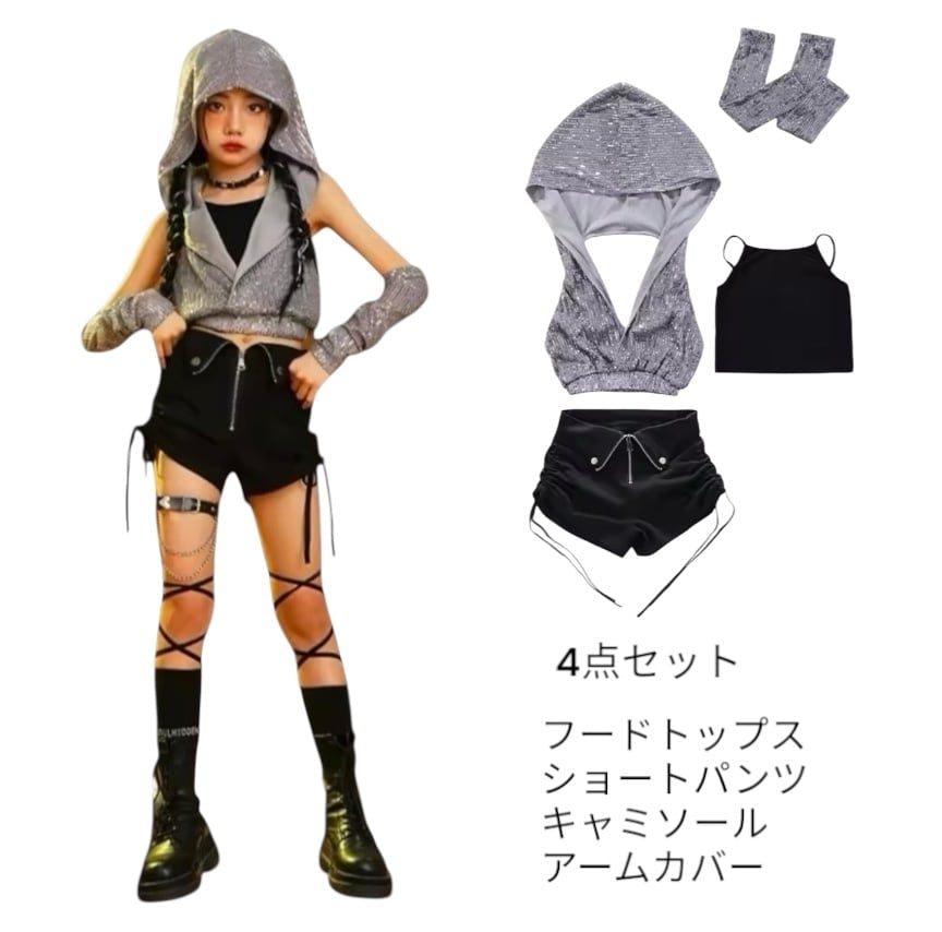 kpop×ストリート ラメグリッター セットアップ （ショートパンツ × グレーラメ フードトップス）