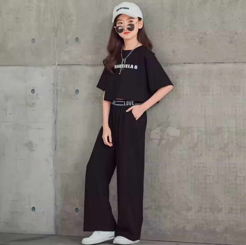 ショート丈シャツ×ワイドパンツ 上下セット ブラック